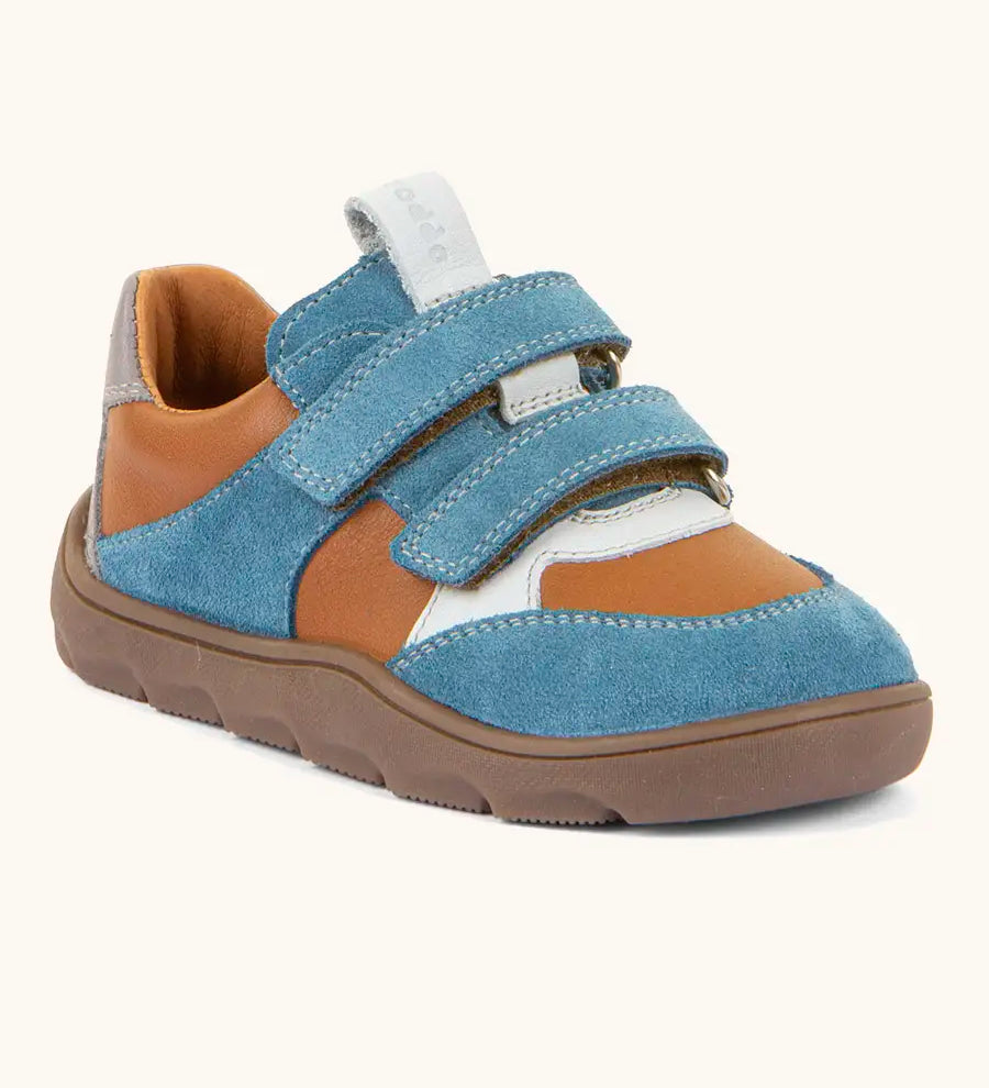Froddo barefoot zeru Spring kids shoes in blue brown and white. Showing 2 blue velcro fasteners and brown grippy sole