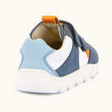 Back of Froddo barefoot zeru Spring kids shoes in blue and white. Showing padded ankle support and orange pull tab on tongue