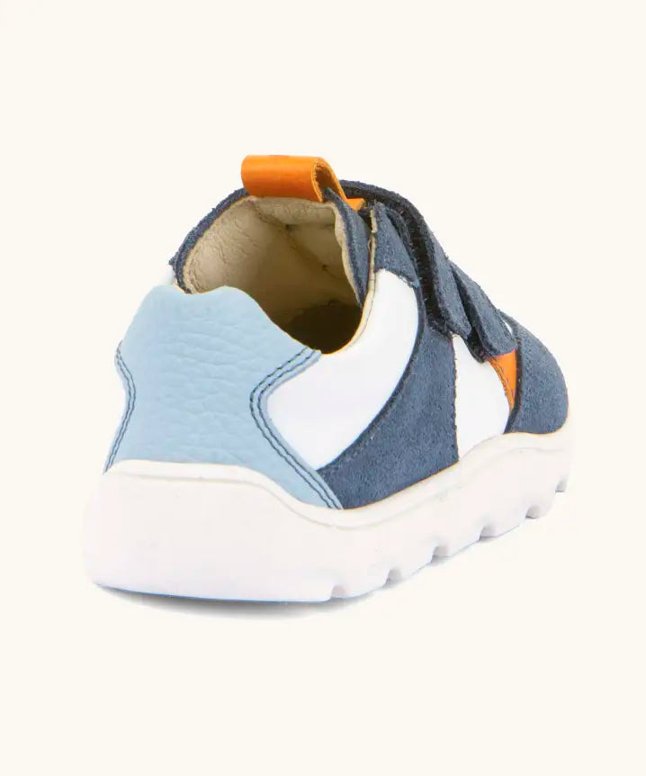 Back of Froddo barefoot zeru Spring kids shoes in blue and white. Showing padded ankle support and orange pull tab on tongue