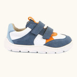 Side of Froddo barefoot zeru Spring kids shoes in blue and white. Showing 2 blue velcro fasteners, pull tab on tongue and white grippy sole