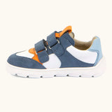 Side of Froddo barefoot zeru Spring kids shoes in blue and white. Showing 2 blue velcro fasteners looped through eyelets and orange pull tab on tongue