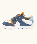 Side of Froddo barefoot zeru Spring kids shoes in blue and white. Showing 2 blue velcro fasteners looped through eyelets and orange pull tab on tongue