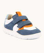 Froddo barefoot zeru Spring kids shoes in blue and white. Showing blue velcro fasteners and white grippy sole