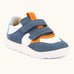 Froddo barefoot zeru Spring kids shoes in blue and white. Showing blue velcro fasteners and white grippy sole