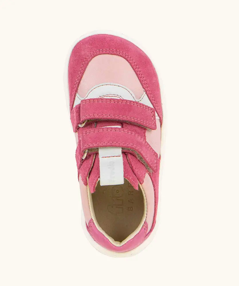 Top view of Froddo barefoot zuru Spring kids shoe in bright and dark pink showing the 2 velcro fasteners and pull tab on the tongue