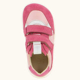 Top view of Froddo barefoot zuru Spring kids shoe in bright and dark pink showing the 2 velcro fasteners and pull tab on the tongue