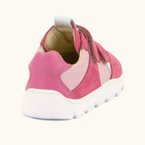 Back of Froddo barefoot zeru Spring kids shoes bright and dark pink. Showing padded ankle support and pull tab on tongue