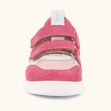 Front of Froddo barefoot zuru Spring kids shoe in bright and dark pink showing the velcro fasteners and pull tab on the tongue