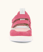 Front of Froddo barefoot zuru Spring kids shoe in bright and dark pink showing the velcro fasteners and pull tab on the tongue