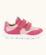 Side of Froddo barefoot zeru Spring kids shoes in bright and dark pink Showing 2 pink velcro fasteners, pull tab on tongue and white grippy sole