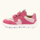 Side of Froddo barefoot zeru Spring kids shoes in bright and dark pink. Showing 2 pink velcro fasteners looped through eyelets