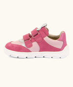 Side of Froddo barefoot zeru Spring kids shoes in bright and dark pink. Showing 2 pink velcro fasteners looped through eyelets