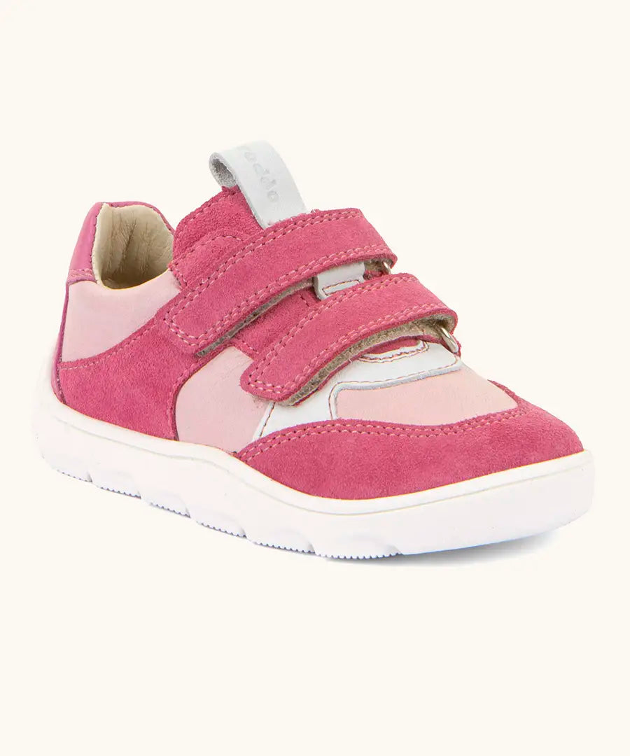 Froddo barefoot zeru Spring kids shoes in light and dark pink. Showing 2 pink velcro fasteners and white grippy sole