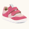 Froddo barefoot zeru Spring kids shoes in light and dark pink. Showing 2 pink velcro fasteners and white grippy sole