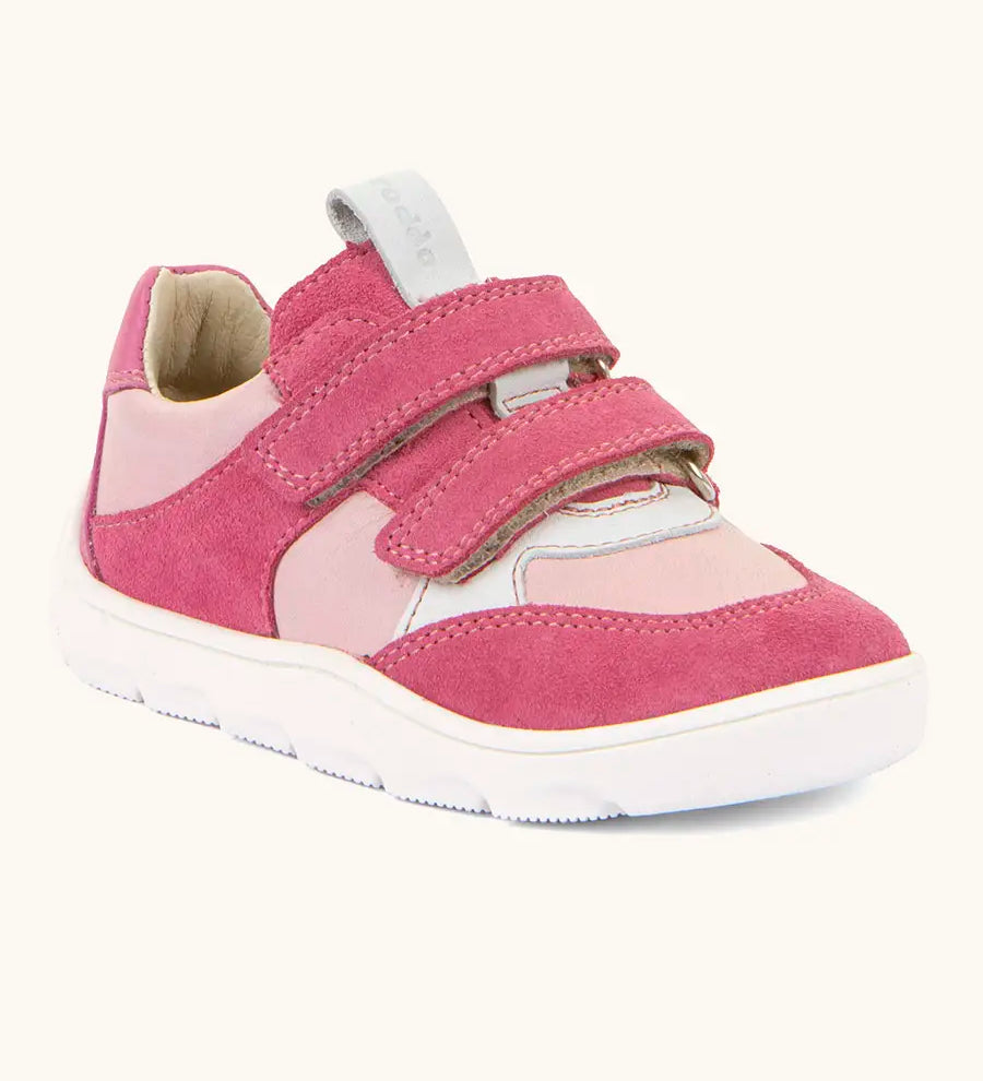 Froddo barefoot zeru Spring kids shoes in light and dark pink. Showing 2 pink velcro fasteners and white grippy sole
