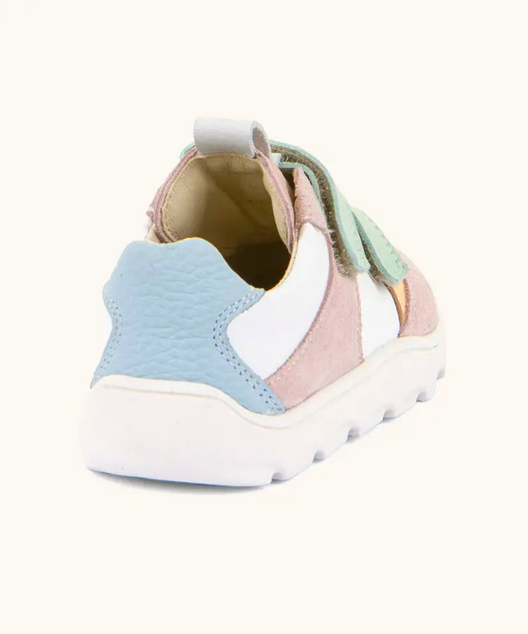 Back of Froddo barefoot zeru Spring kids shoes in pink and white Showing blue padded ankle support and pull tab on tongue