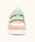 Front of Froddo barefoot zuru Spring kids shoe in pink and white showing the velcro fasteners and pull tab on the tongue
