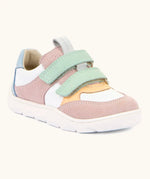 Froddo barefoot zeru Spring kids shoes in pink and white. Showing pink velcro fasteners and white grippy sole