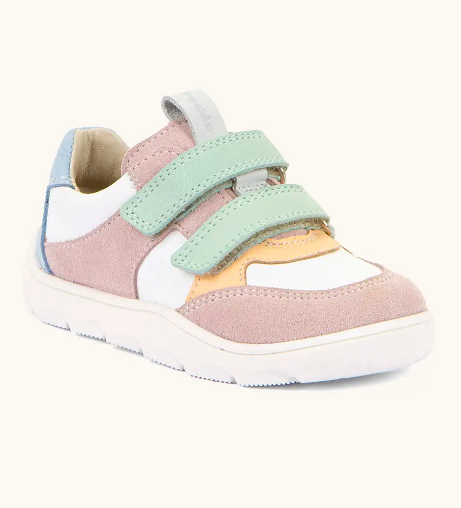 Froddo barefoot zeru Spring kids shoes in pink and white. Showing pink velcro fasteners and white grippy sole