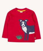 Frugi kids adventure applique top berry red/sheepdog top available at Babipur. A GOTS organic top in vibrant red with long sleeves. Features a playful dog applique on the front and popper fasteners on the shoulder
