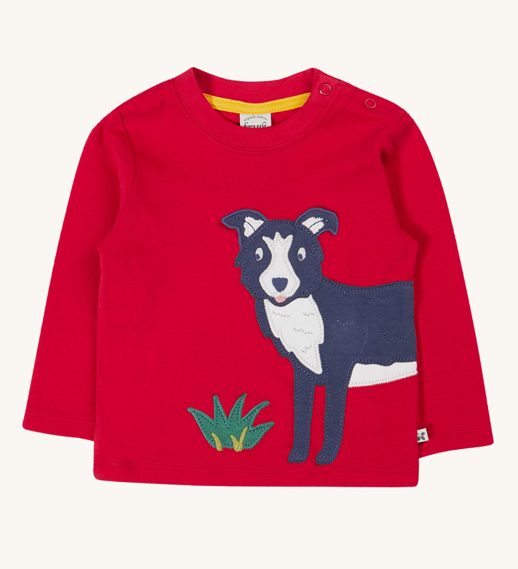 Frugi kids adventure applique top berry red/sheepdog top available at Babipur. A GOTS organic top in vibrant red with long sleeves. Features a playful dog applique on the front and popper fasteners on the shoulder