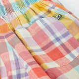Frugi 100% organic cotton Archie slub short in a pastel check design laid flat showing a black pocket