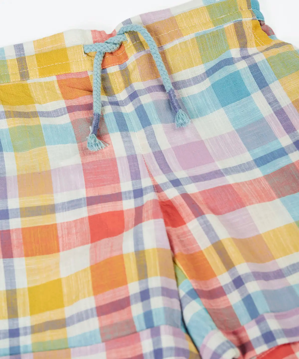 Frugi 100% organic cotton Archie slub short in a pastel check design laid flat showing a blue waist tie cord