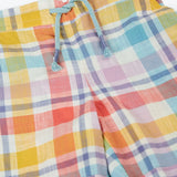 Frugi 100% organic cotton Archie slub short in a pastel check design laid flat showing a blue waist tie cord