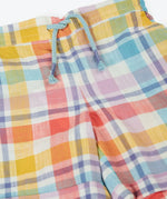 Frugi 100% organic cotton Archie slub short in a pastel check design laid flat showing a blue waist tie cord