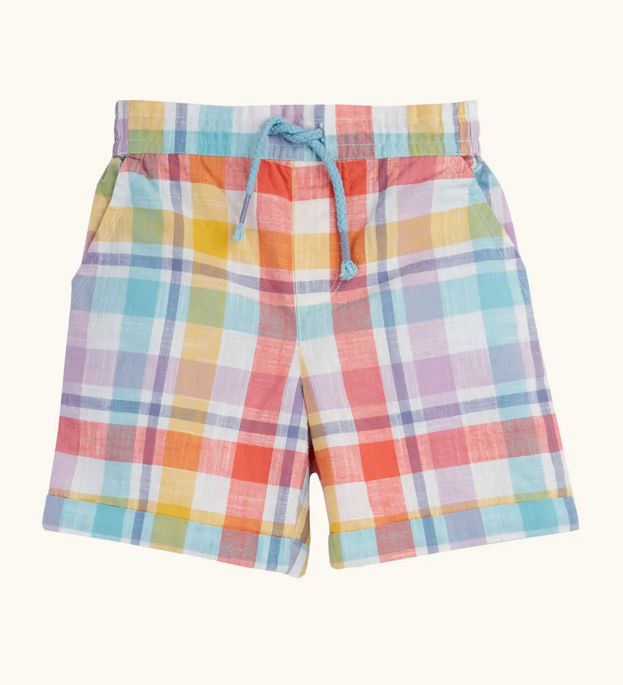 Frugi 100% organic cotton Archie slub short in a pastel check design. Showing side pockets and a blue waist tie cord