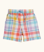 Frugi 100% organic cotton Archie slub short in a pastel check design. Showing side pockets and a blue waist tie cord