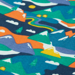 A look at the Alpine mountain print on the Frugi Malpas Joggers - Navy Alpine Adventures