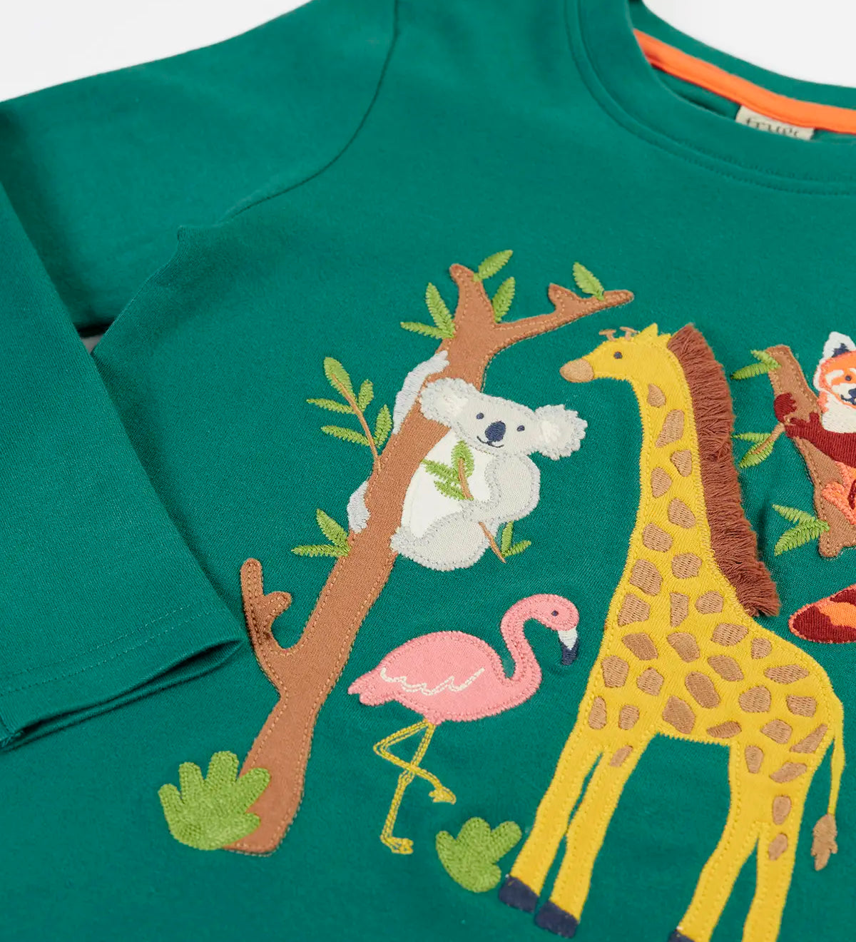 Frugi GOTS 100% organic cotton  kids top in dark green with a playful koala, flamingo, giraffe and red panda applique and ribbed neck trim