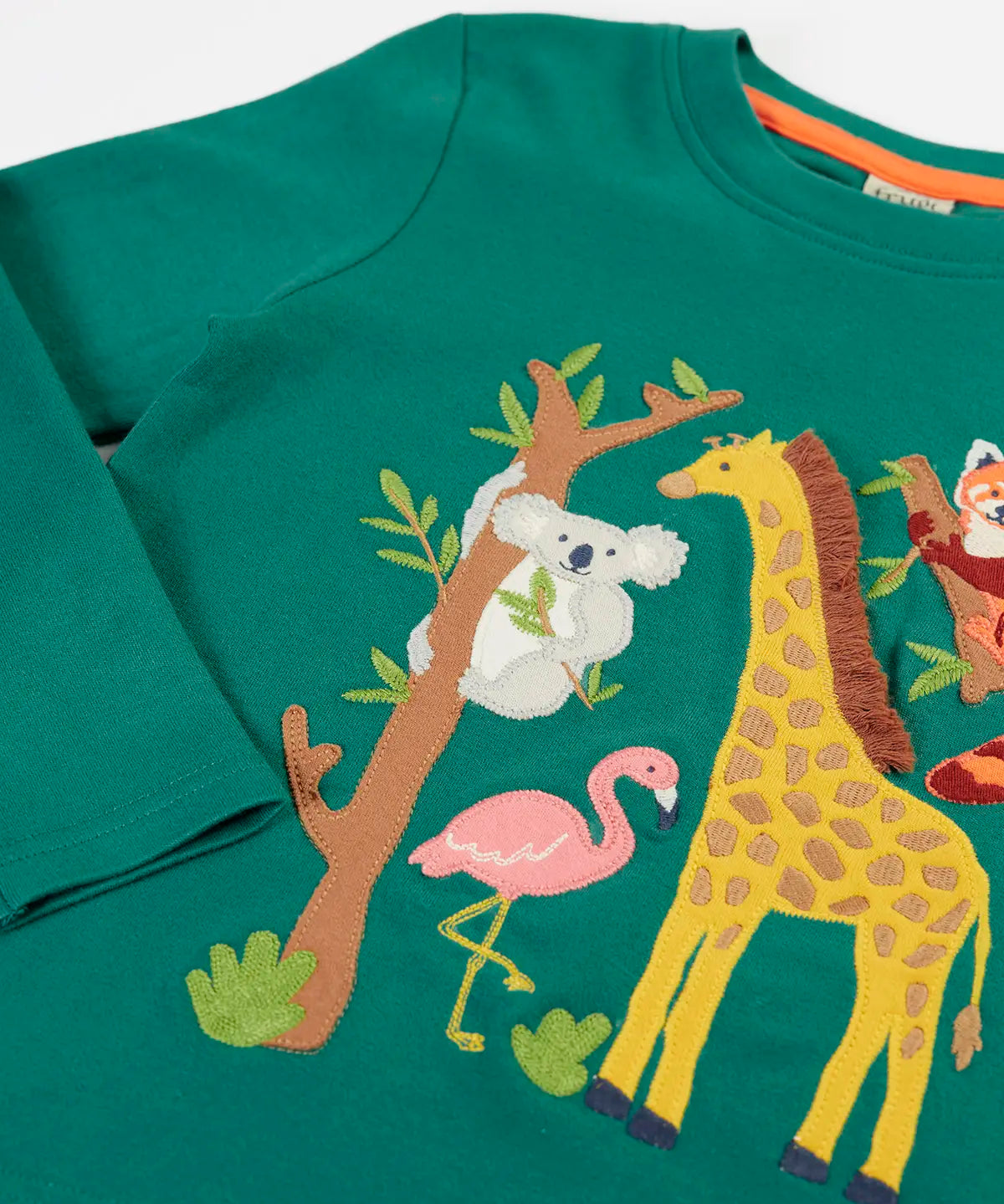 Frugi GOTS 100% organic cotton  kids top in dark green with a playful koala, flamingo, giraffe and red panda applique and ribbed neck trim