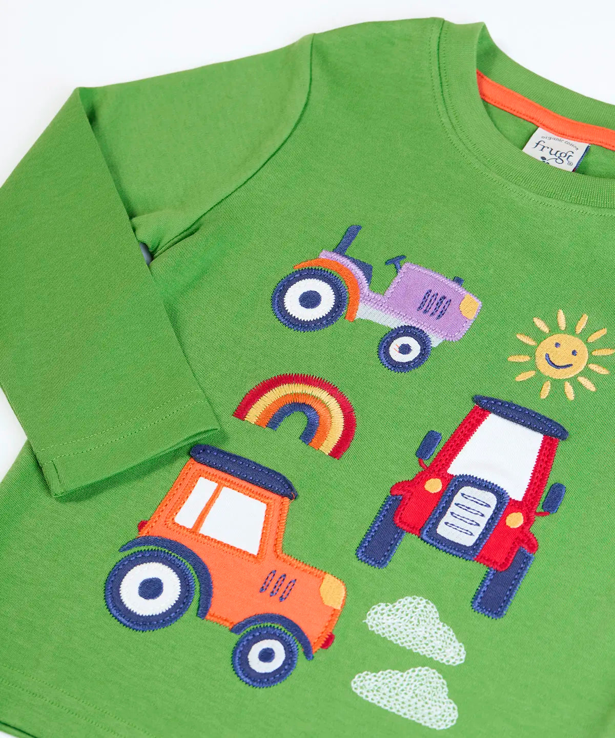 Frugi GOTS 100% organic cotton kids long sleeve top in green with playful tractors appliques and a ribbed neck line
