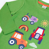 Frugi GOTS 100% organic cotton kids long sleeve top in green with playful tractors appliques and a ribbed neck line