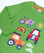 Frugi GOTS 100% organic cotton kids long sleeve top in green with playful tractors appliques and a ribbed neck line