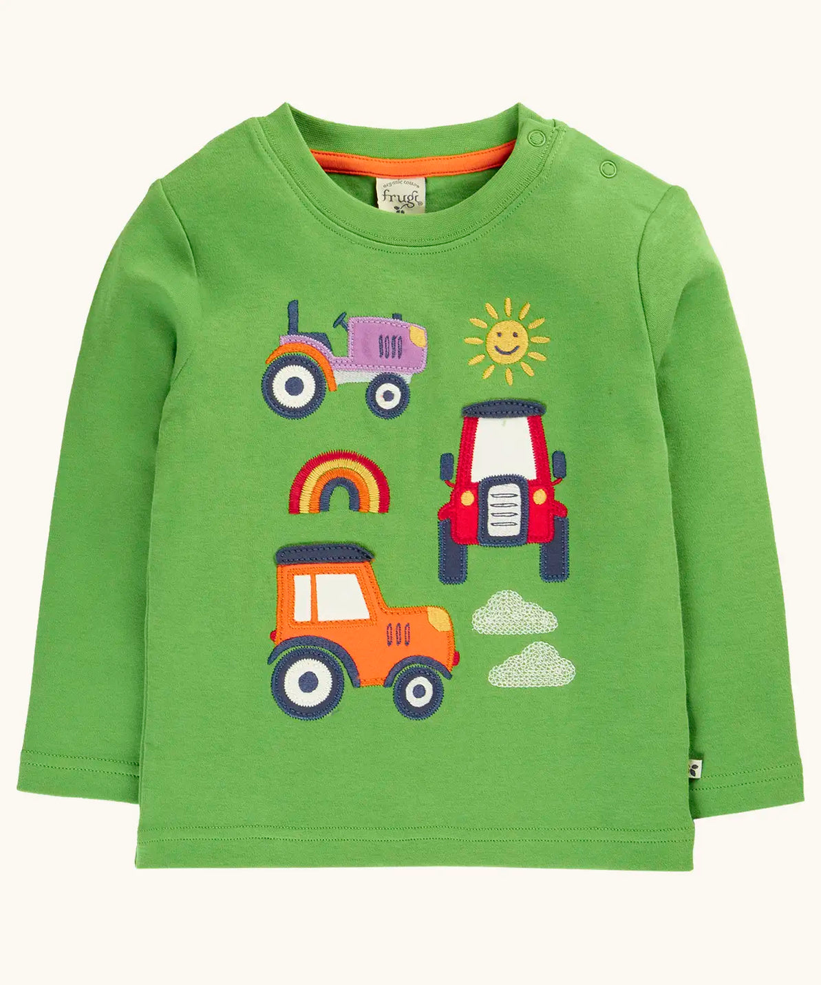 Frugi GOTS 100% organic cotton kids long sleeve top in green with playful tractor appliques on the front. Features popper fasteners on the shoulder
