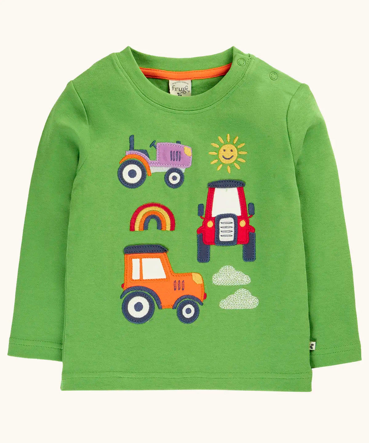 Frugi GOTS 100% organic cotton kids long sleeve top in green with playful tractor appliques on the front. Features popper fasteners on the shoulder