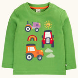 Frugi GOTS 100% organic cotton kids long sleeve top in green with playful tractor appliques on the front. Features popper fasteners on the shoulder