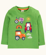 Frugi GOTS 100% organic cotton kids long sleeve top in green with playful tractor appliques on the front. Features popper fasteners on the shoulder