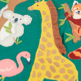 Frugi GOTS 100% organic cotton top in dark green showing a close up of the playful koala, flamingo, giraffe and red panda applique 