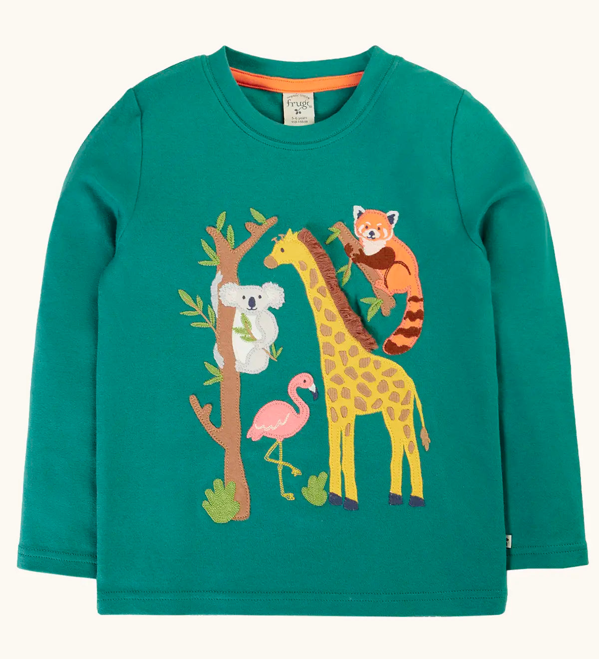 Frugi GOTS 100% organic cotton long sleeve kids top in teal green with a playful koala, flamingo, giraffe and red panda applique