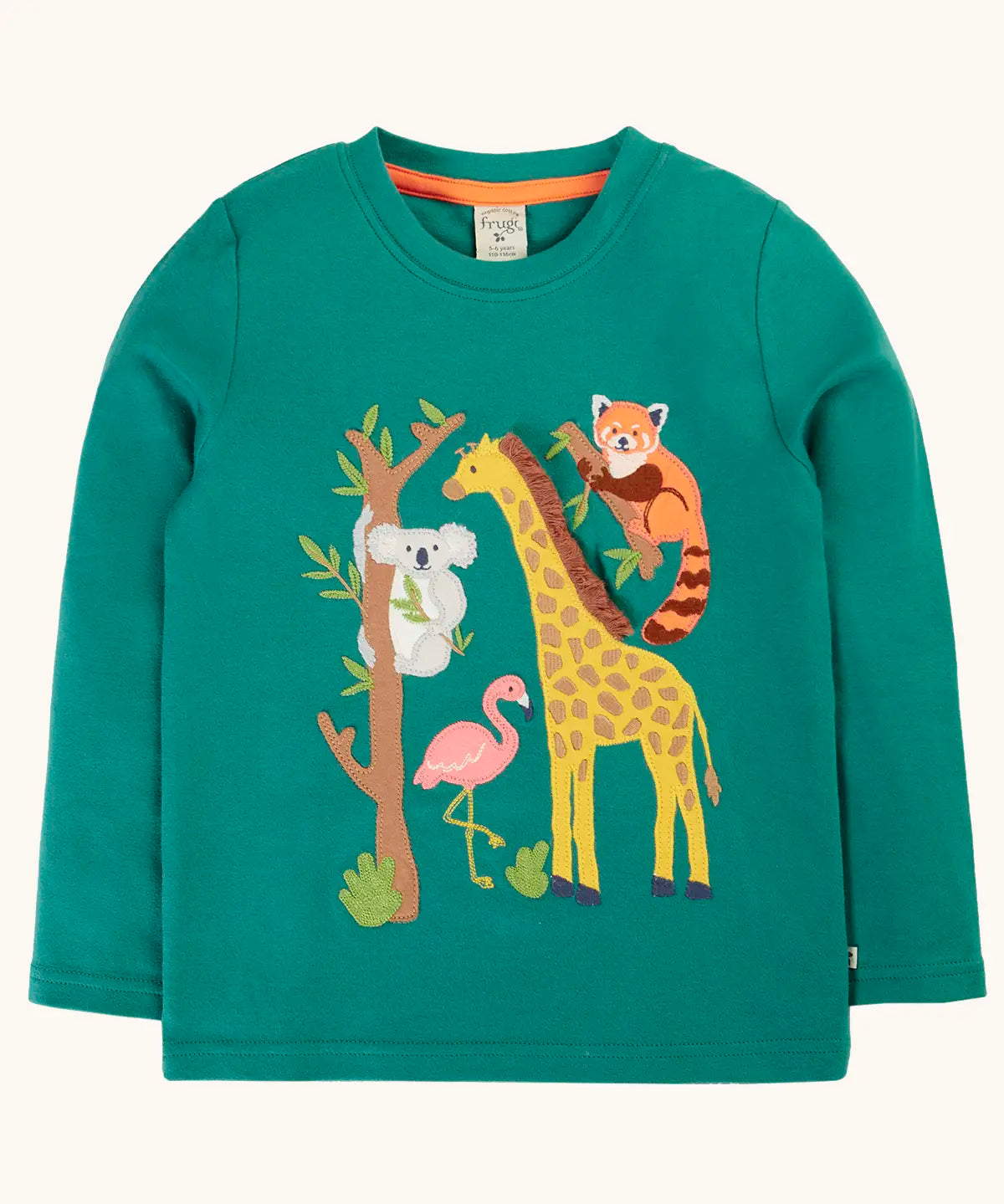 Frugi GOTS 100% organic cotton long sleeve kids top in teal green with a playful koala, flamingo, giraffe and red panda applique