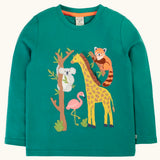 Frugi GOTS 100% organic cotton long sleeve kids top in teal green with a playful koala, flamingo, giraffe and red panda applique