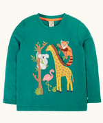 Frugi GOTS 100% organic cotton long sleeve kids top in teal green with a playful koala, flamingo, giraffe and red panda applique