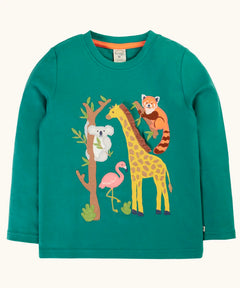 Frugi GOTS 100% organic cotton long sleeve kids top in teal green with a playful koala, flamingo, giraffe and red panda applique