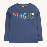 Frugi Adventure Applique Top - Navy Blue/Magic. A long sleeve navy top made from organic cotton, with rainbow embroidered and applique magic letters on the front