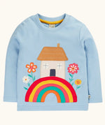 Frugi GOTS 100% organic cotton kids top in light blue with a cute house on a rainbow applique. Features popper fasteners on the shoulder