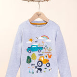 Frugi children's Adventure Organic Cotton long sleeved Top in Grey with various Farm inspired appliques on the front hanging on a branch and available at Babipur.